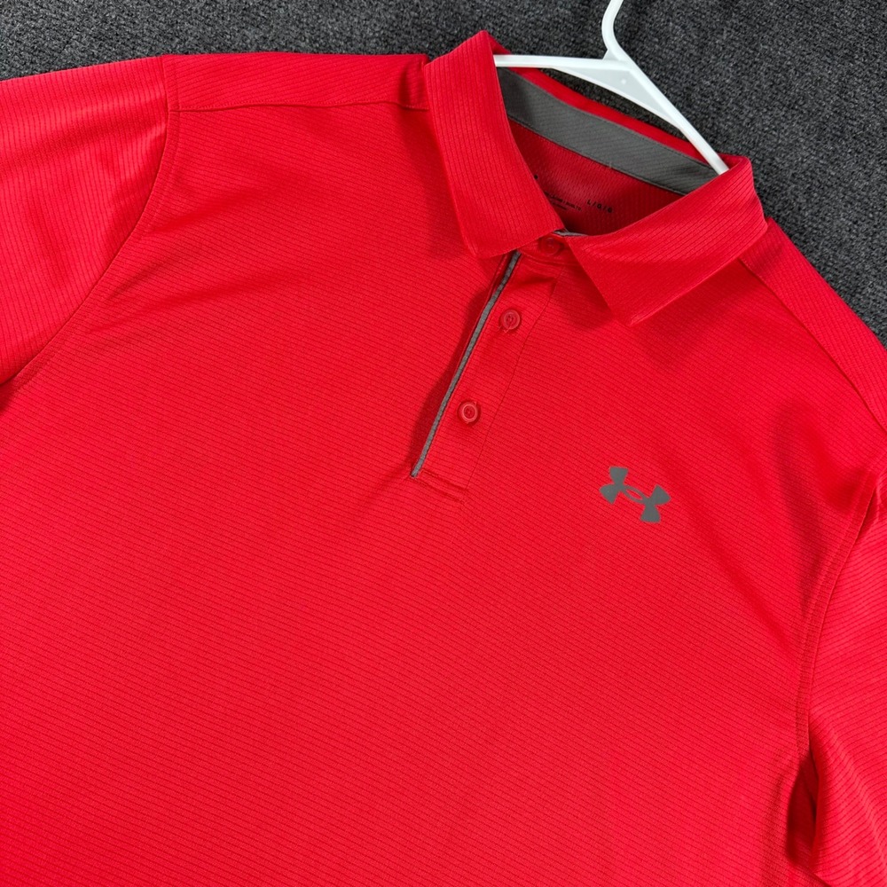 Under Armour Polo Shirt Mens L Large Red Micro Stripe Performance Golf 1290140